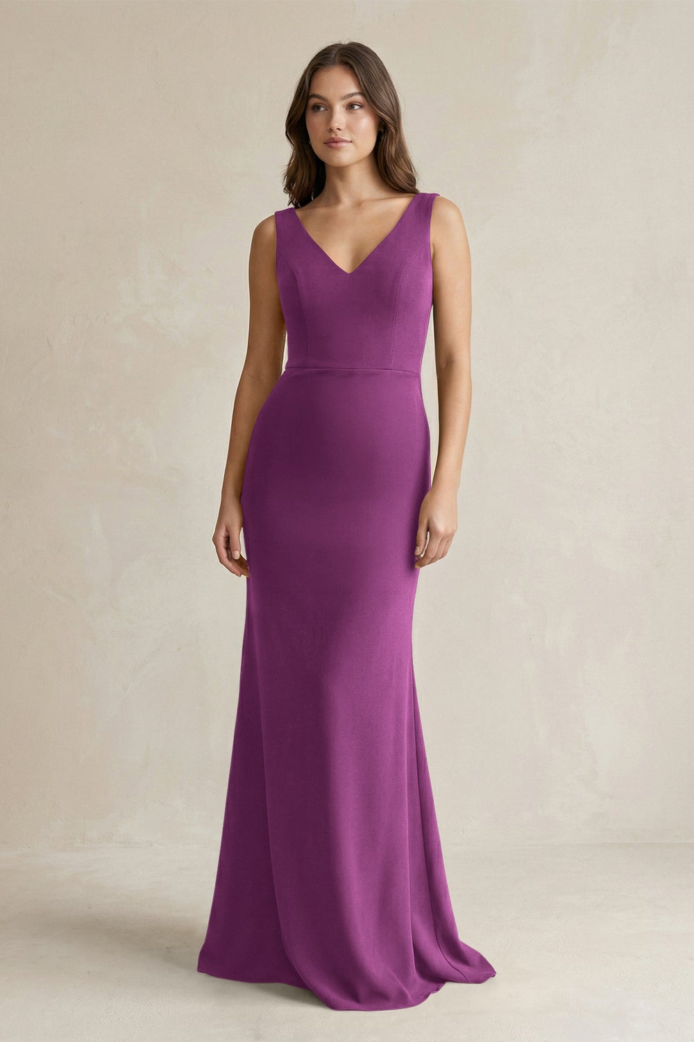 V-Neck Sheath Satin Maxi Bridesmaid Dress in Fig