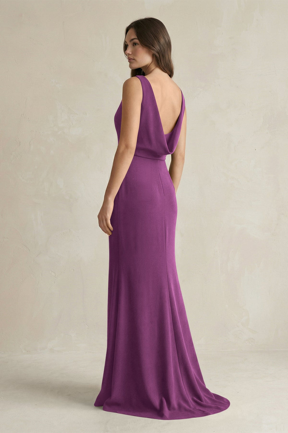 V-Neck Sheath Satin Maxi Bridesmaid Dress in Fig