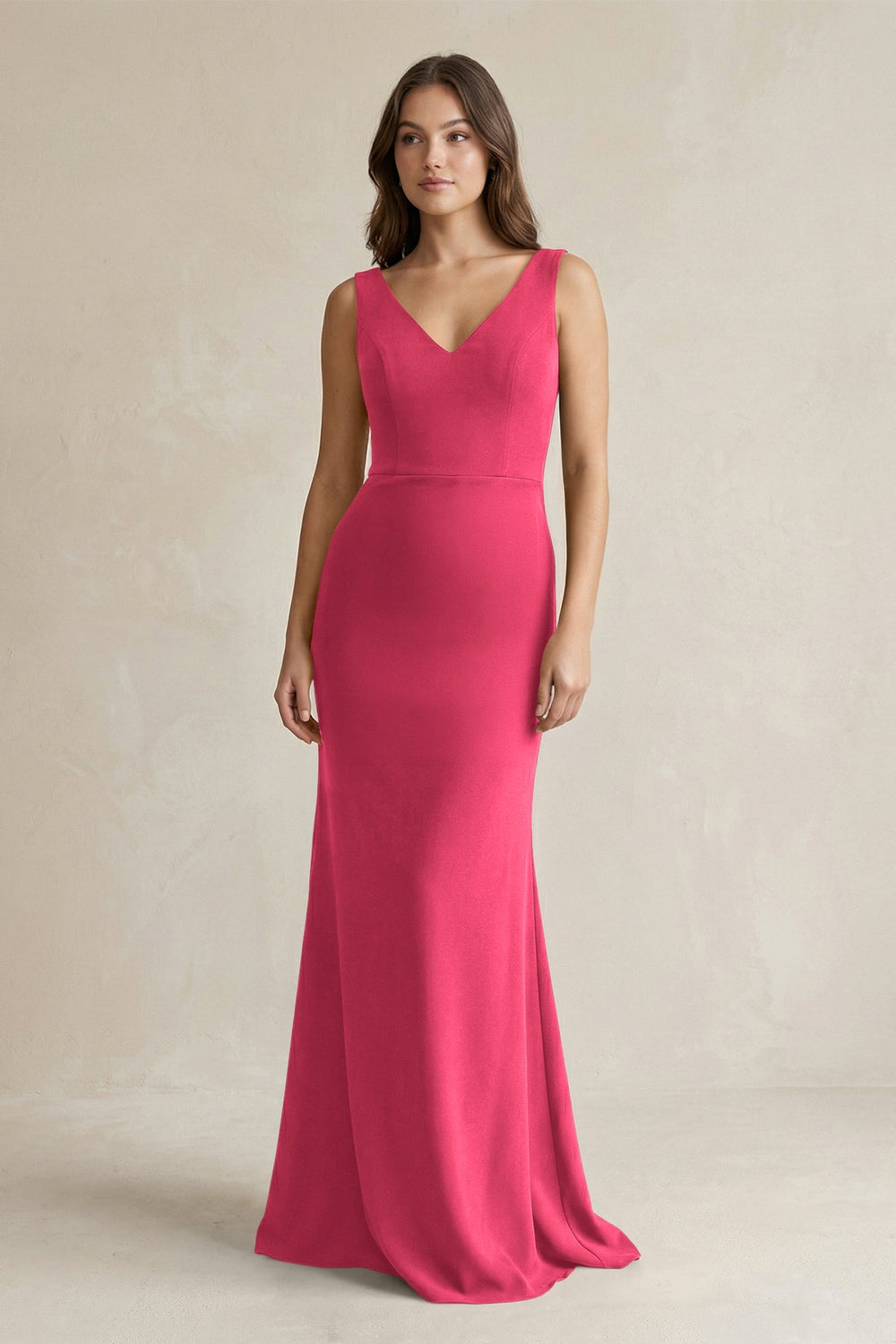 V-Neck Sheath Satin Maxi Bridesmaid Dress in Fuchsia