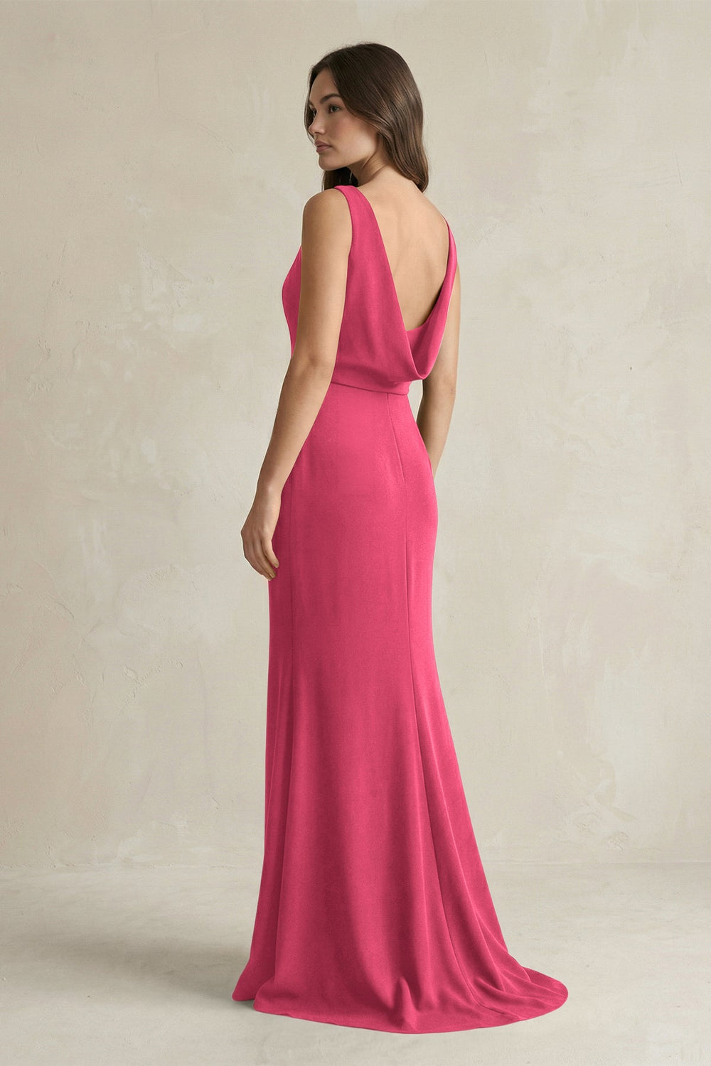 V-Neck Sheath Satin Maxi Bridesmaid Dress in Fuchsia