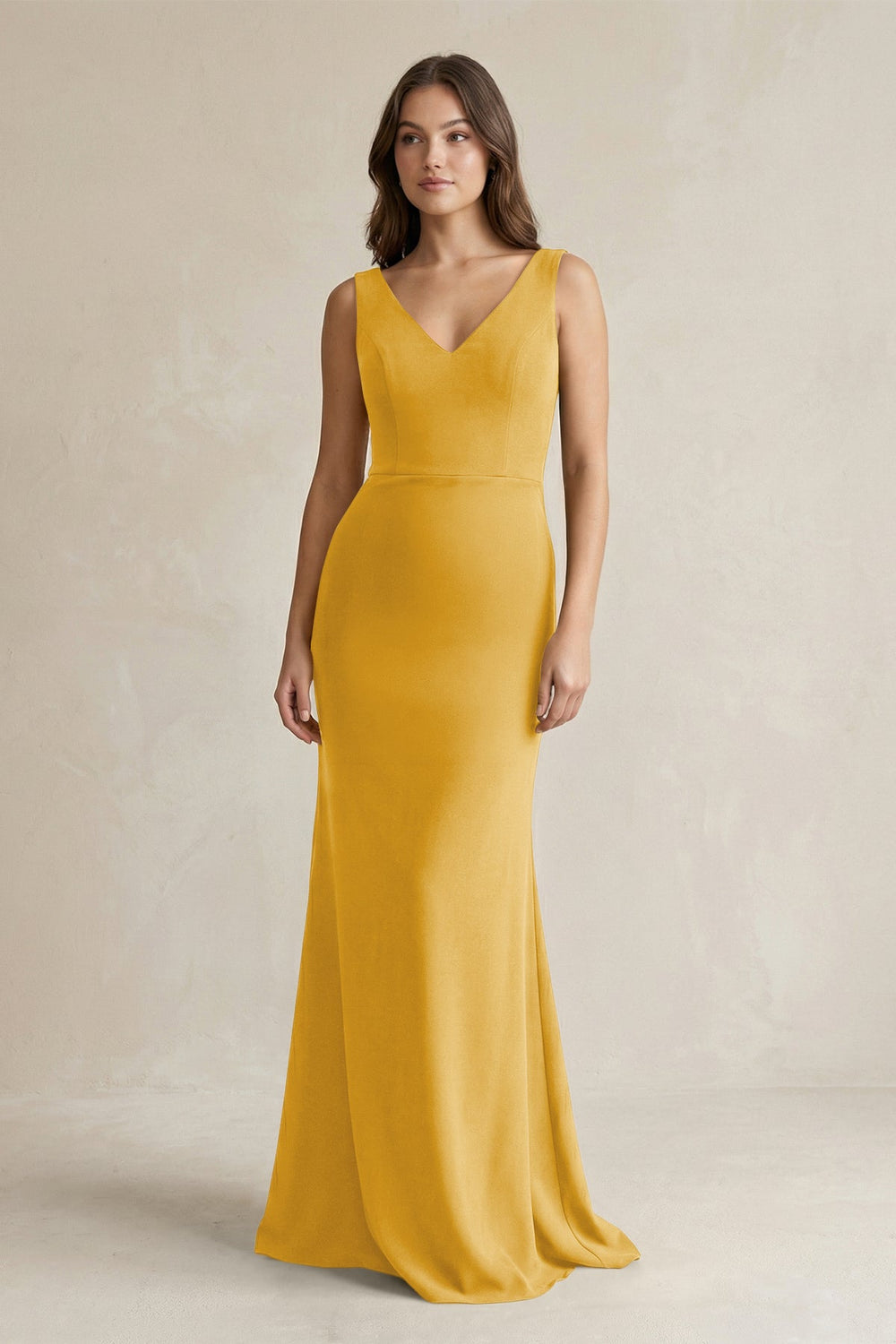 V-Neck Sheath Satin Maxi Bridesmaid Dress in Gold