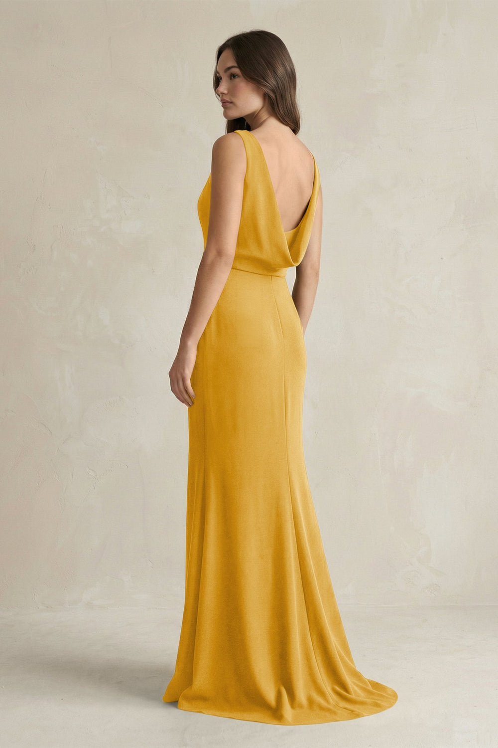 V-Neck Sheath Satin Maxi Bridesmaid Dress in Gold