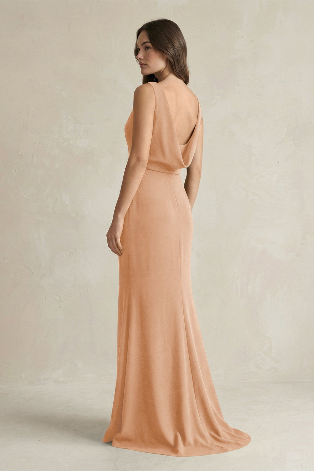 V-Neck Sheath Satin Maxi Bridesmaid Dress in Golden Champagne