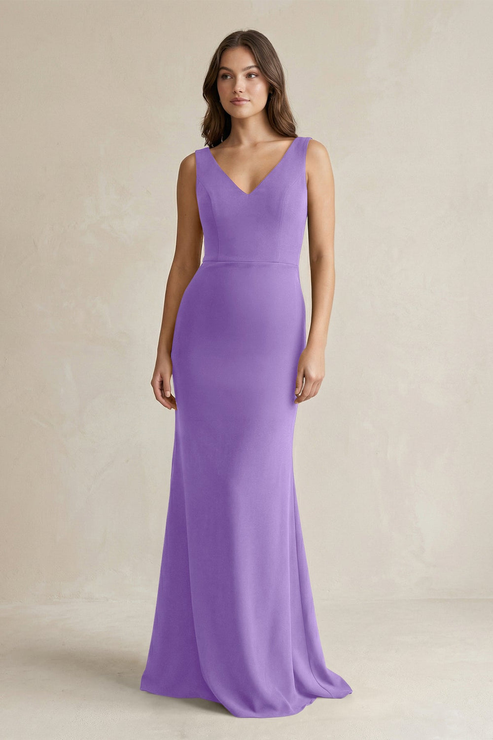 V-Neck Sheath Satin Maxi Bridesmaid Dress in Lilac