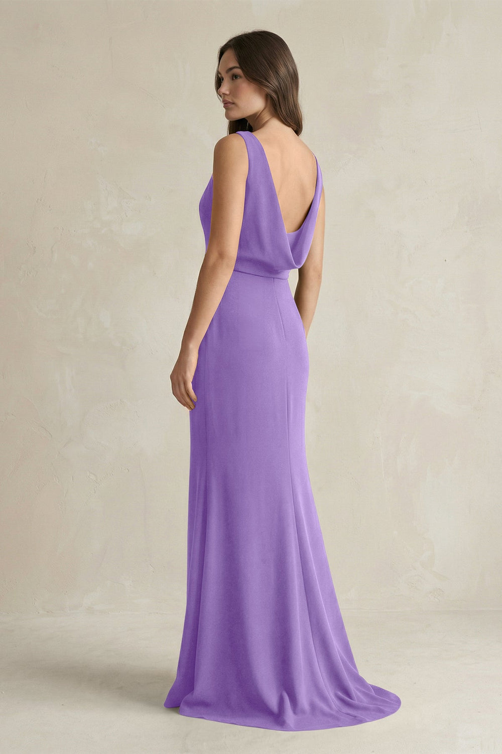V-Neck Sheath Satin Maxi Bridesmaid Dress in Lilac