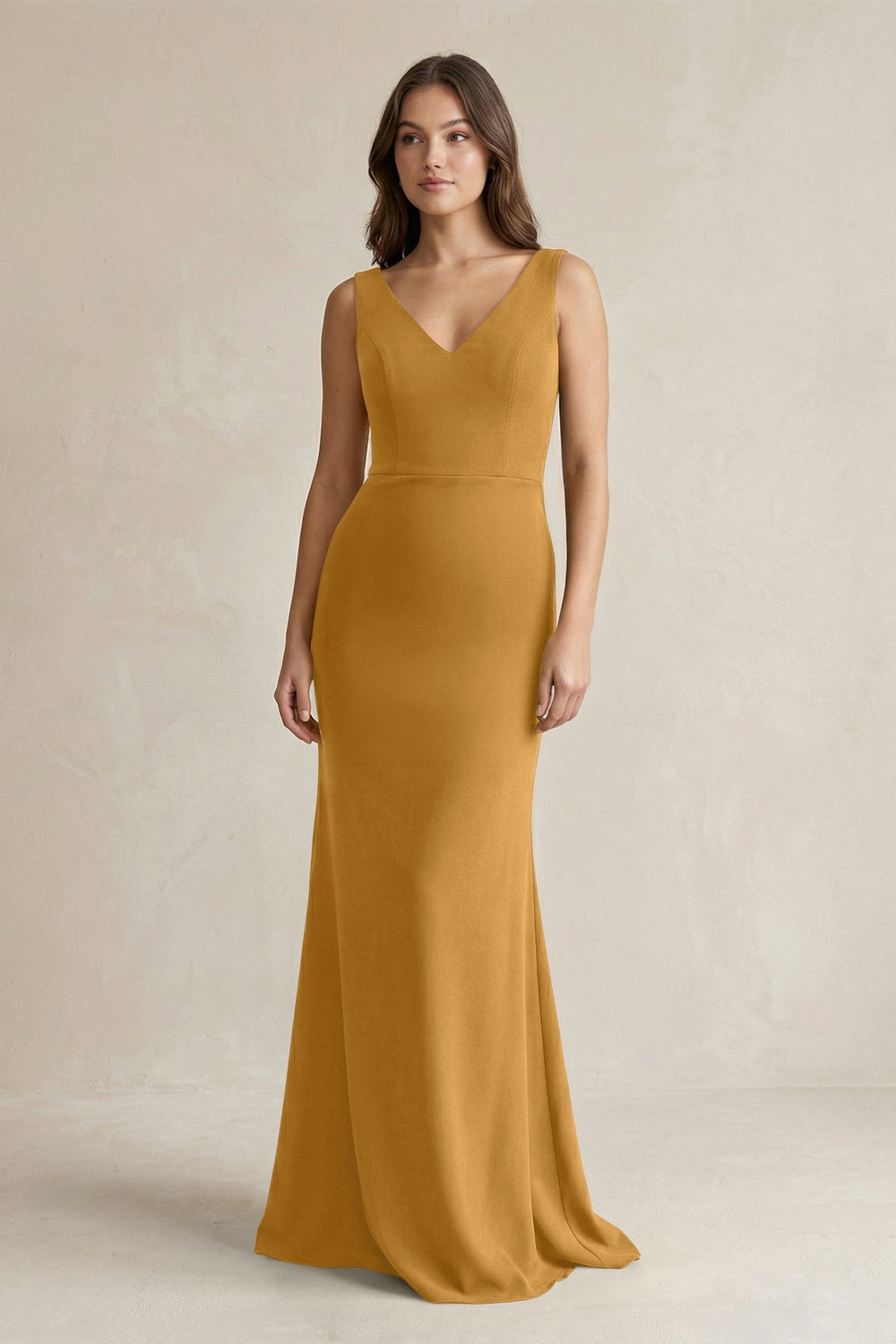 V-Neck Sheath Satin Maxi Bridesmaid Dress in Marigold