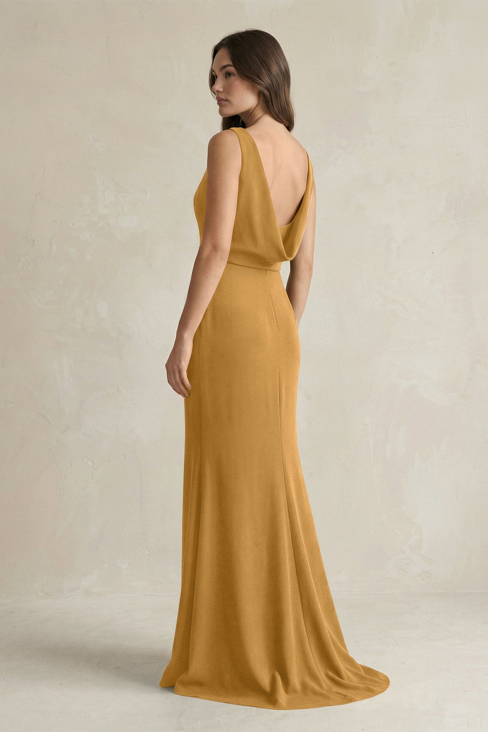 V-Neck Sheath Satin Maxi Bridesmaid Dress in Marigold