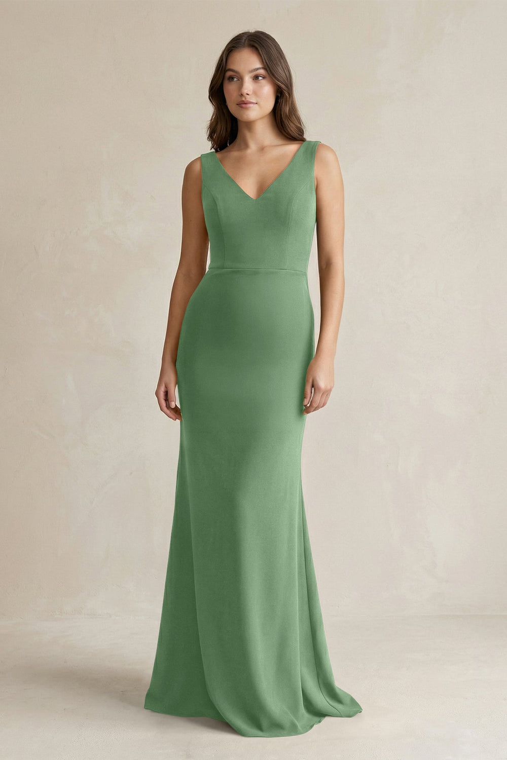 V-Neck Sheath Satin Maxi Bridesmaid Dress in Matcha