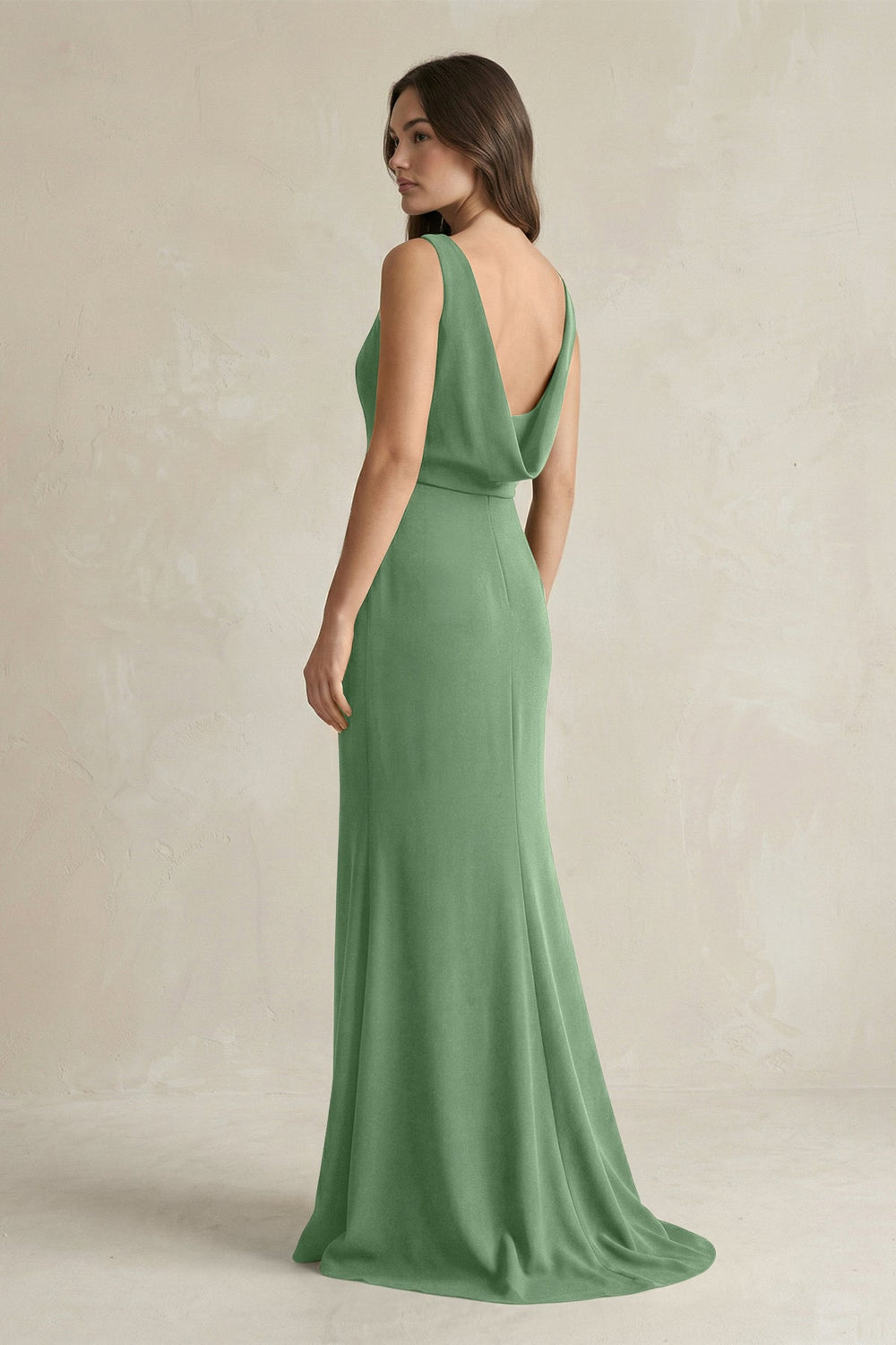 V-Neck Sheath Satin Maxi Bridesmaid Dress in Matcha