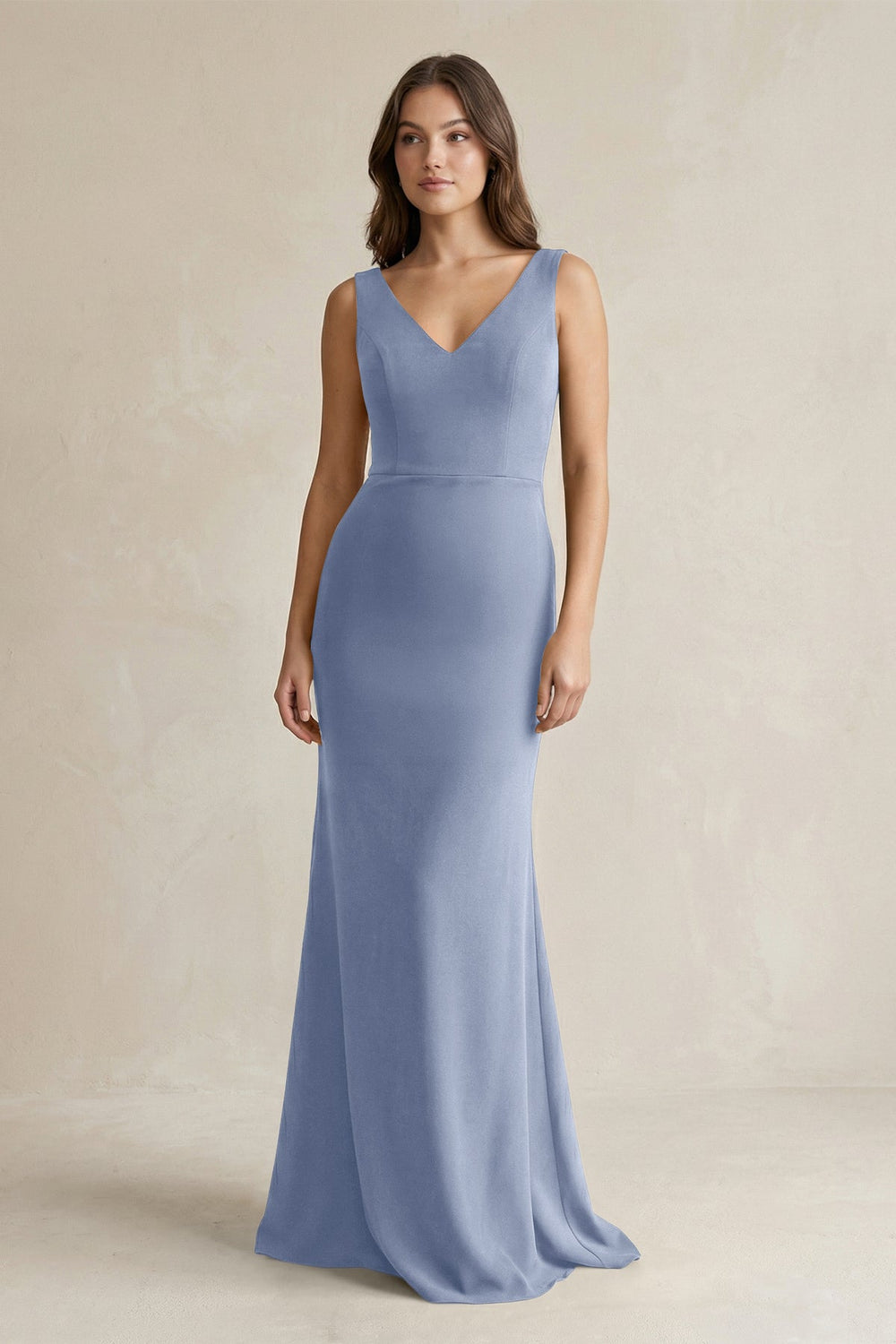 V-Neck Sheath Satin Maxi Bridesmaid Dress in Mist