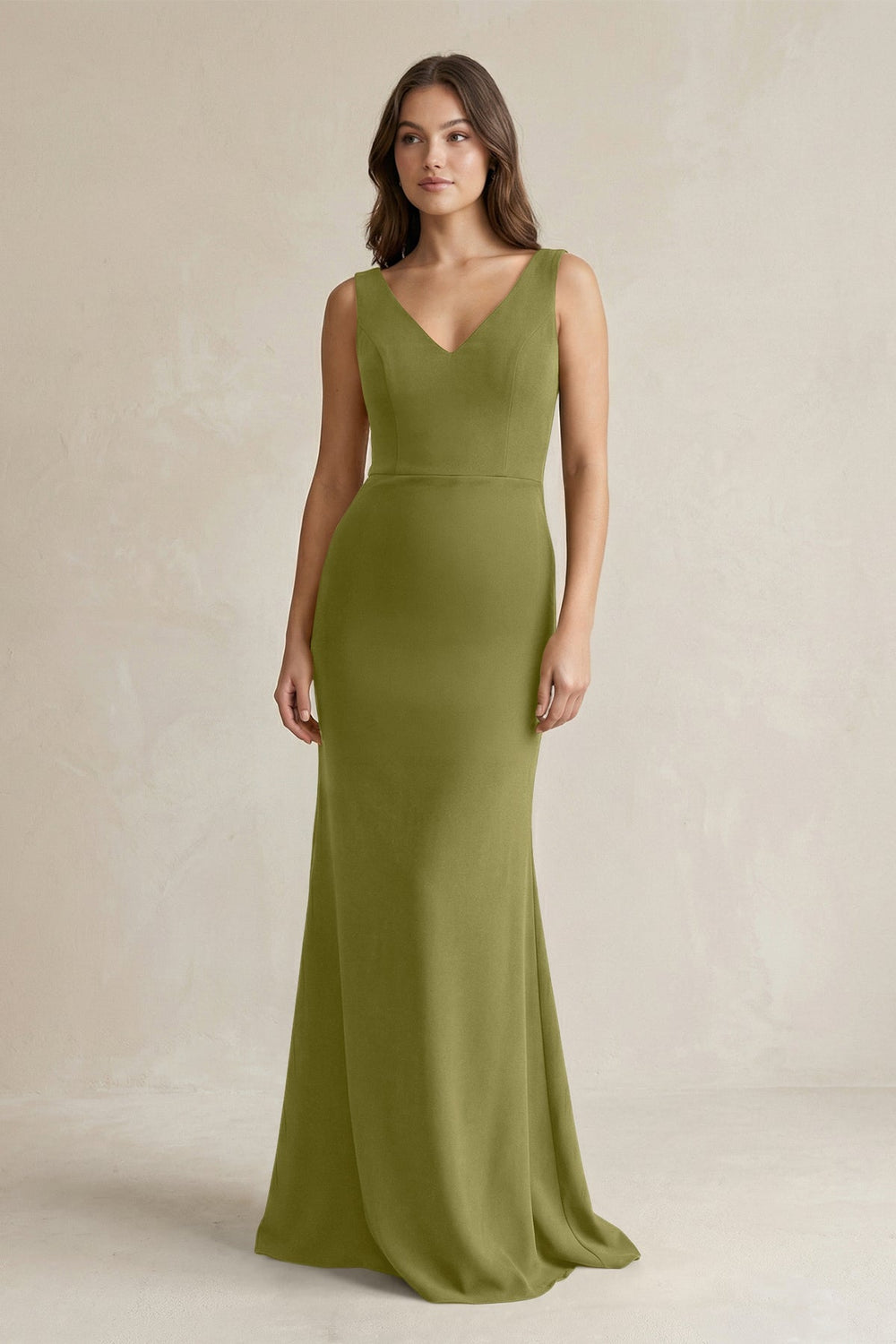 V-Neck Sheath Satin Maxi Bridesmaid Dress in Moss Green