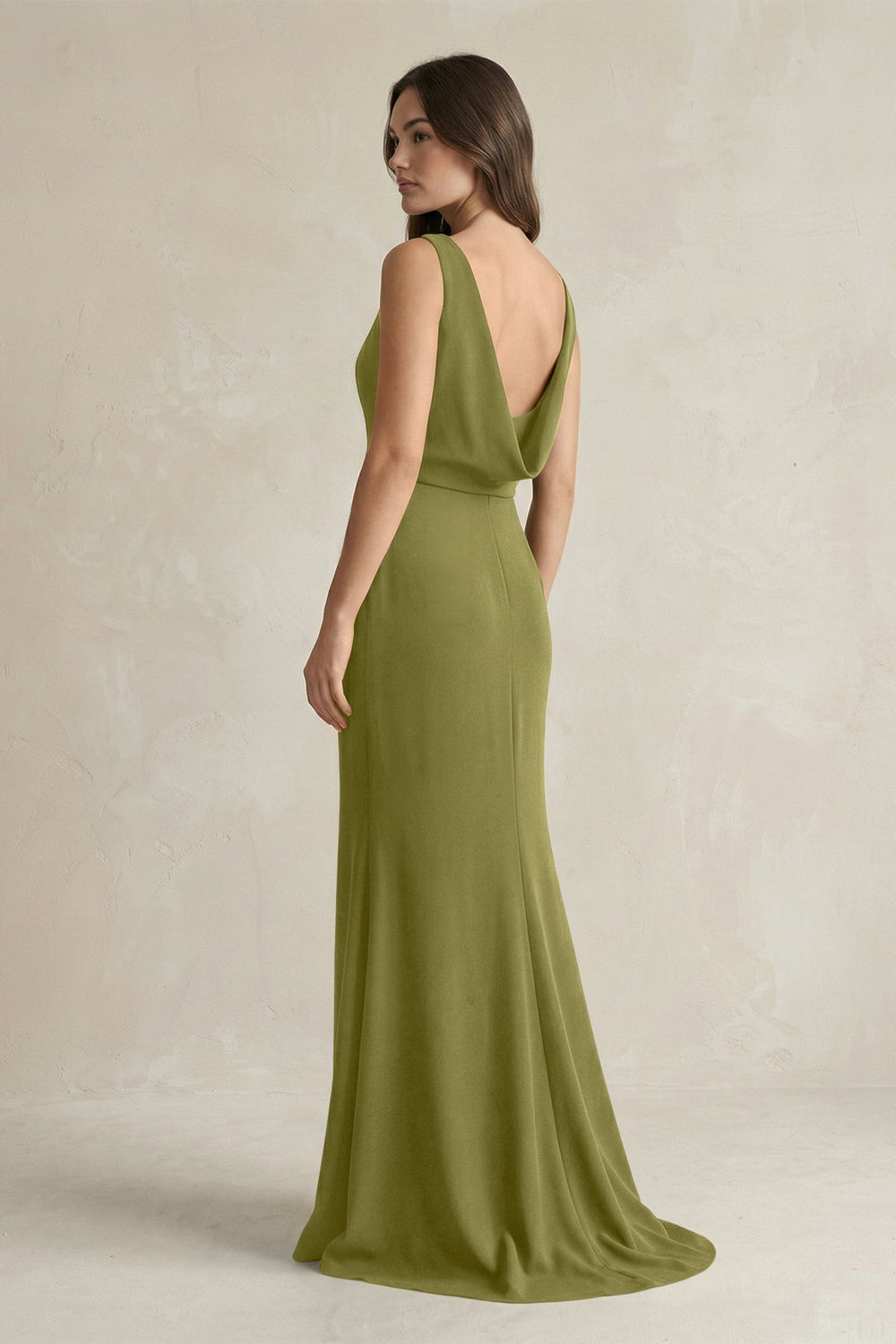 V-Neck Sheath Satin Maxi Bridesmaid Dress in Moss Green