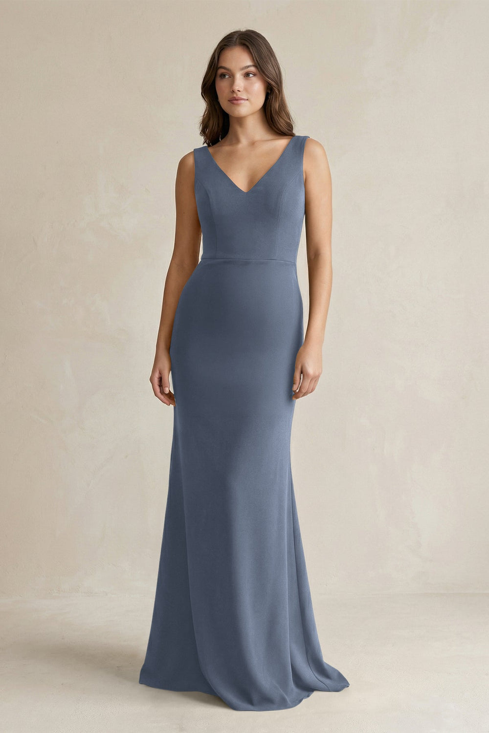 V-Neck Sheath Satin Maxi Bridesmaid Dress in Neptune