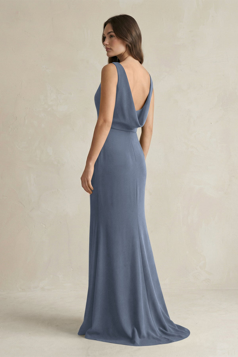 V-Neck Sheath Satin Maxi Bridesmaid Dress in Neptune