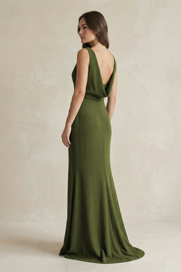 V - Neck Sheath Satin Maxi Bridesmaid Dress in Olive - KISS BRIDAL Bridesmaid Dresses