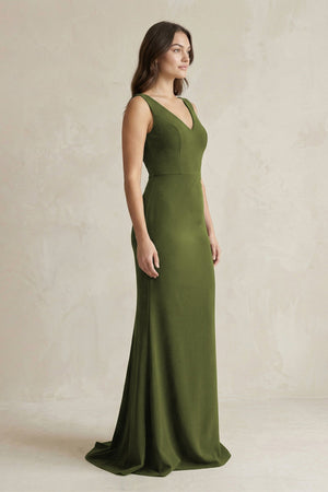 V - Neck Sheath Satin Maxi Bridesmaid Dress in Olive - KISS BRIDAL Bridesmaid Dresses
