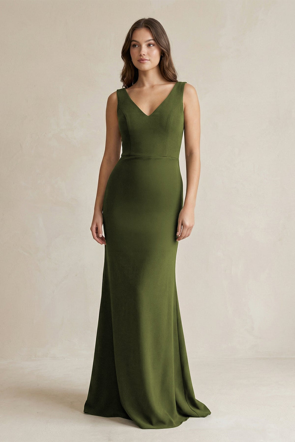 V-Neck Sheath Satin Maxi Bridesmaid Dress in Olive