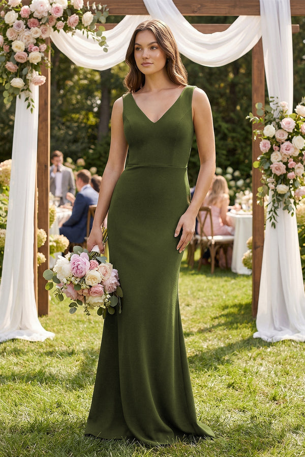 V - Neck Sheath Satin Maxi Bridesmaid Dress in Olive - KISS BRIDAL Bridesmaid Dresses