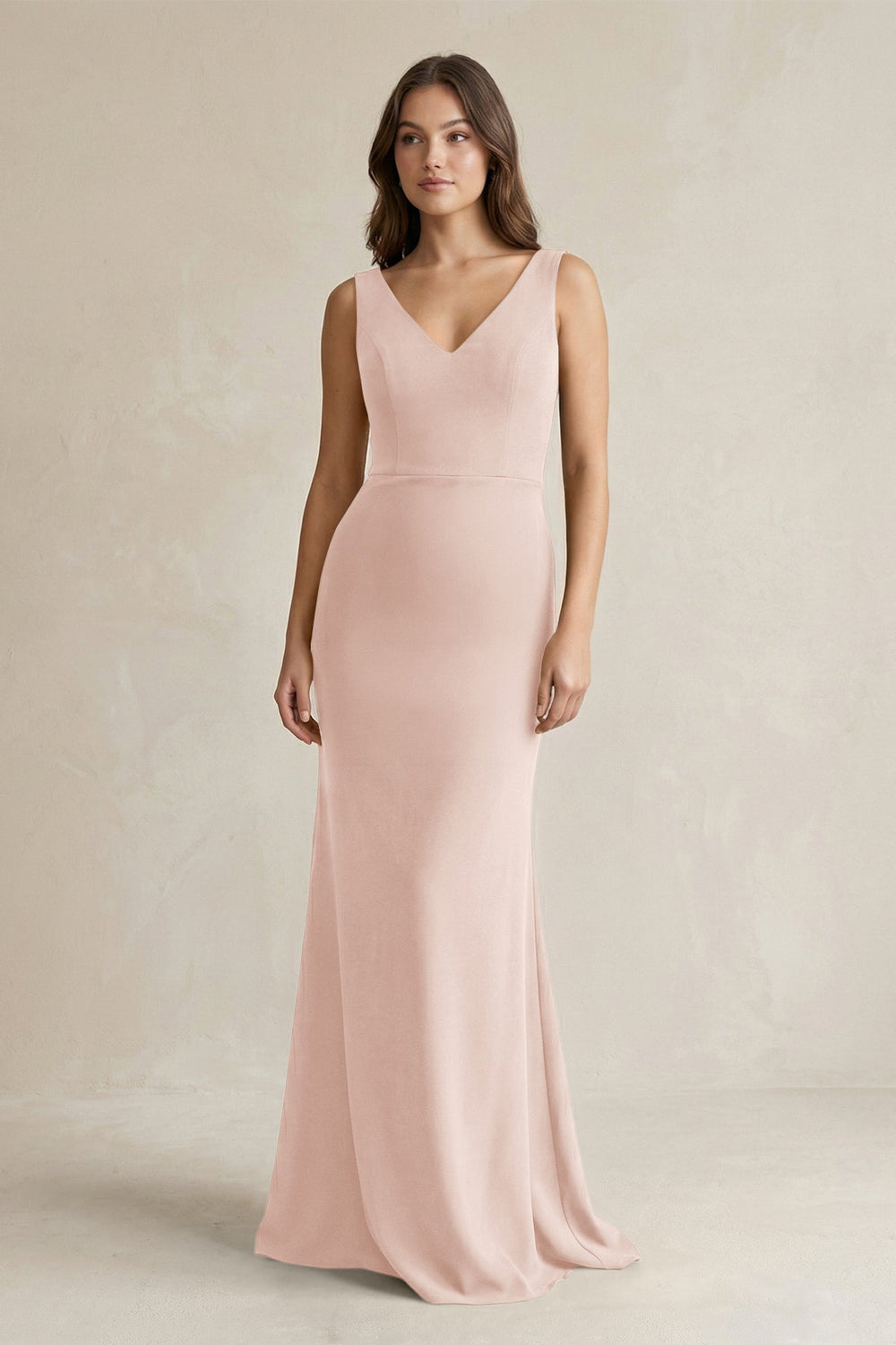 V-Neck Sheath Satin Maxi Bridesmaid Dress in Pale Blush