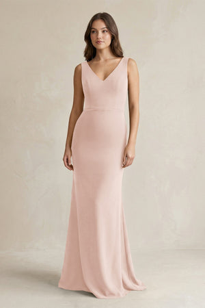 V - Neck Sheath Satin Maxi Bridesmaid Dress in Pale Blush - KISS BRIDAL Bridesmaid Dresses
