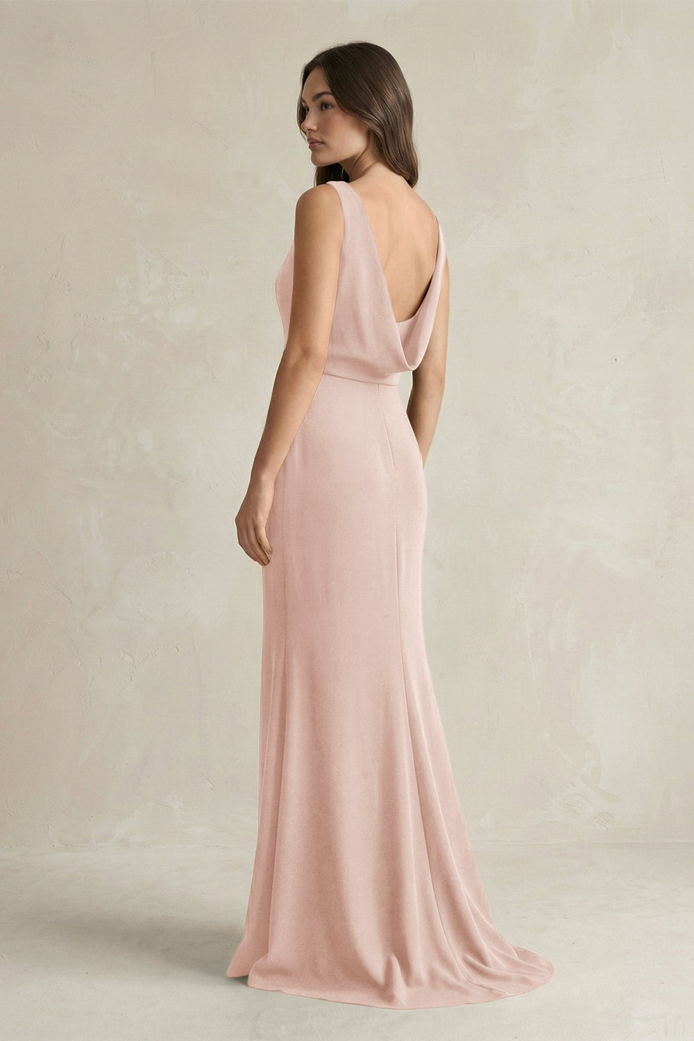 V-Neck Sheath Satin Maxi Bridesmaid Dress in Pale Blush