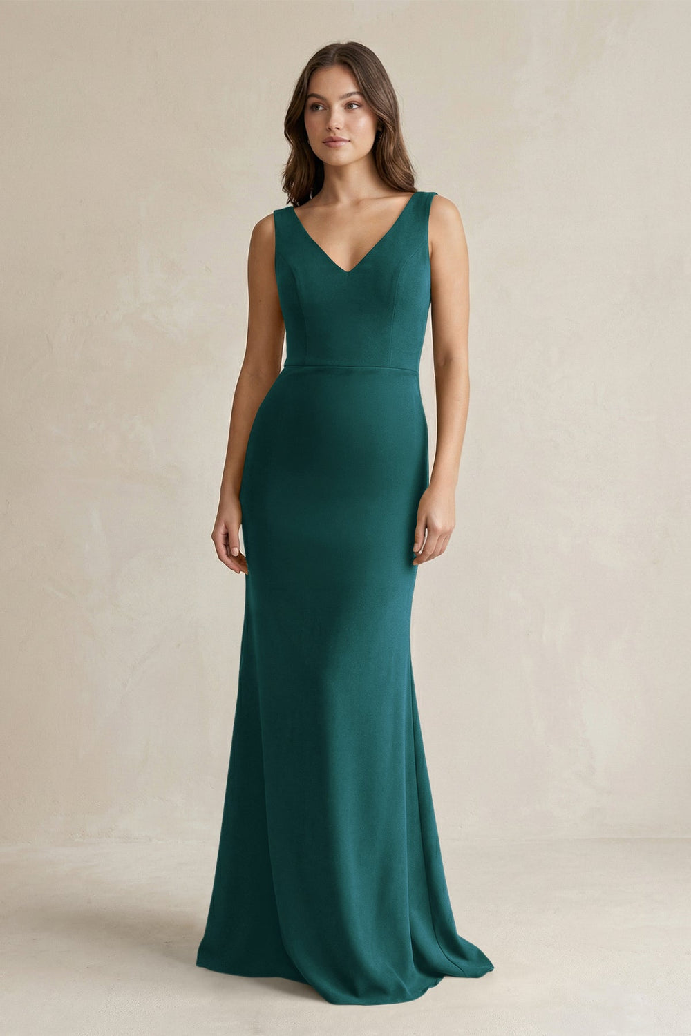 V-Neck Sheath Satin Maxi Bridesmaid Dress in Pine