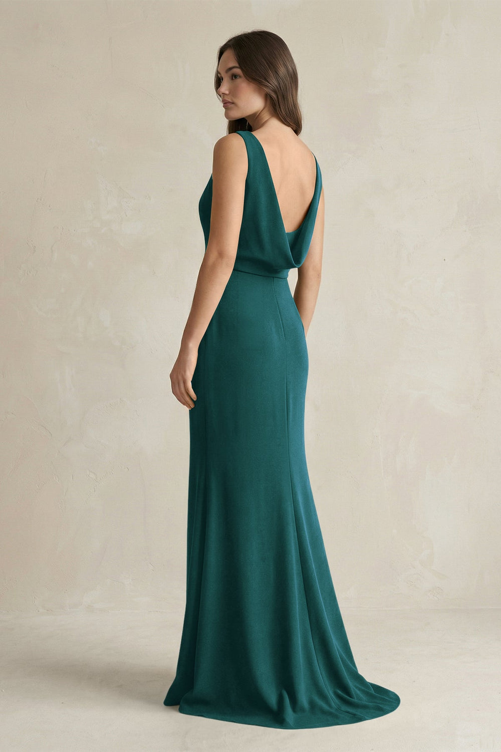 V-Neck Sheath Satin Maxi Bridesmaid Dress in Pine