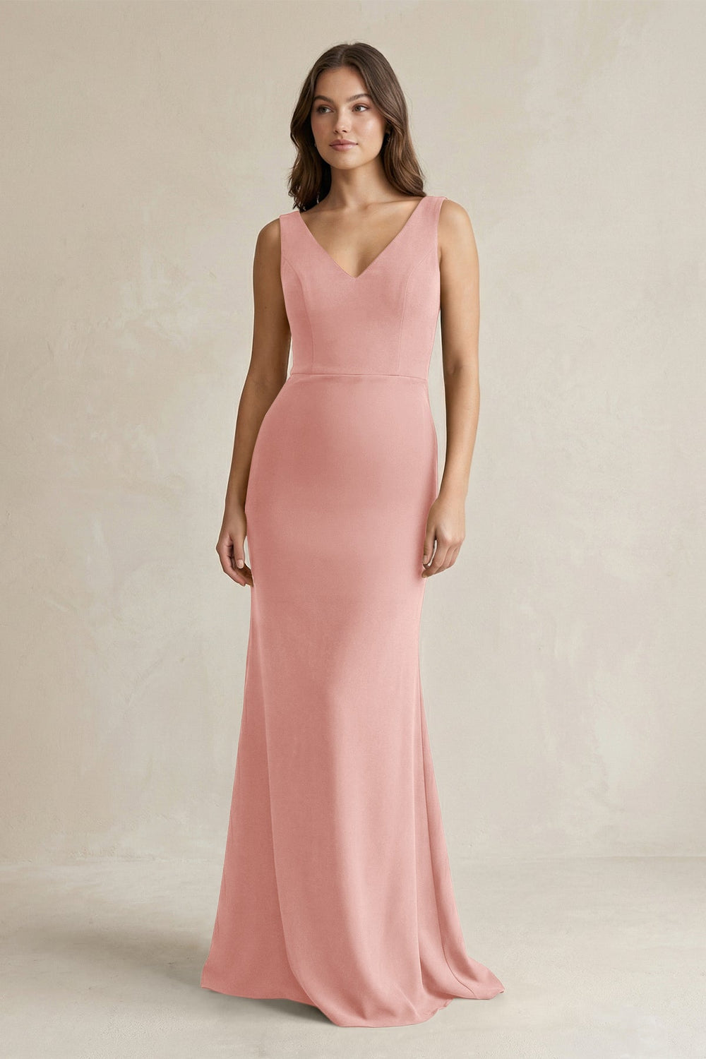 V-Neck Sheath Satin Maxi Bridesmaid Dress in Rose Petal
