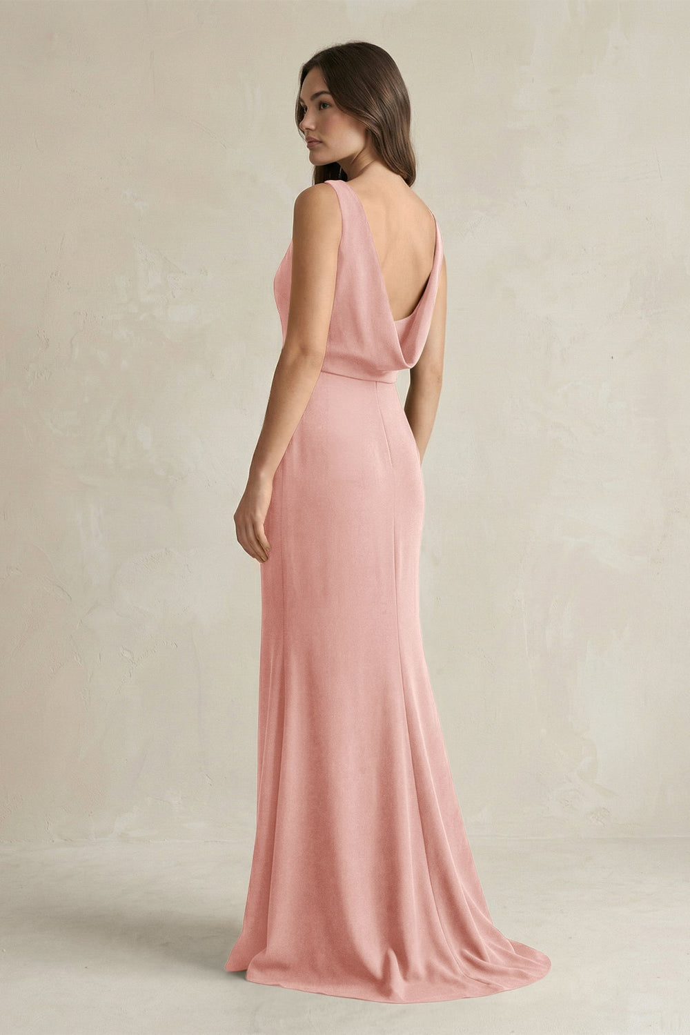 V-Neck Sheath Satin Maxi Bridesmaid Dress in Rose Petal