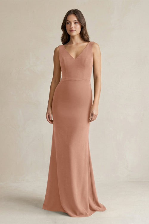 V - Neck Sheath Satin Maxi Bridesmaid Dress in Rosette - KISS BRIDAL Bridesmaid Dresses