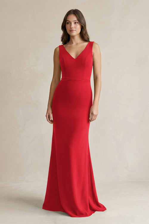 V - Neck Sheath Satin Maxi Bridesmaid Dress in Ruby Red - KISS BRIDAL Bridesmaid Dresses