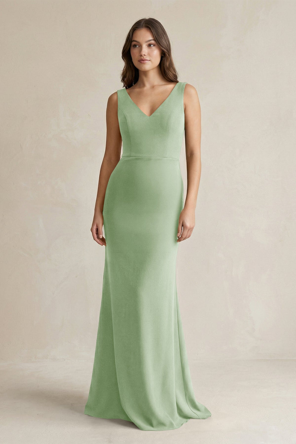 V-Neck Sheath Satin Maxi Bridesmaid Dress in Sage