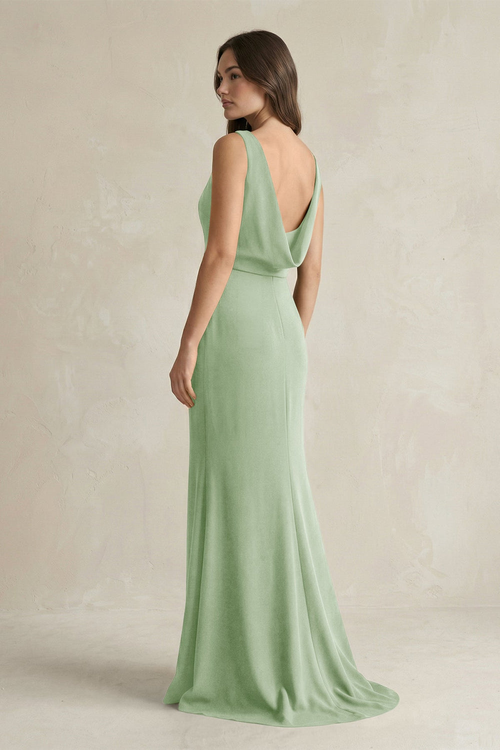 V-Neck Sheath Satin Maxi Bridesmaid Dress in Sage