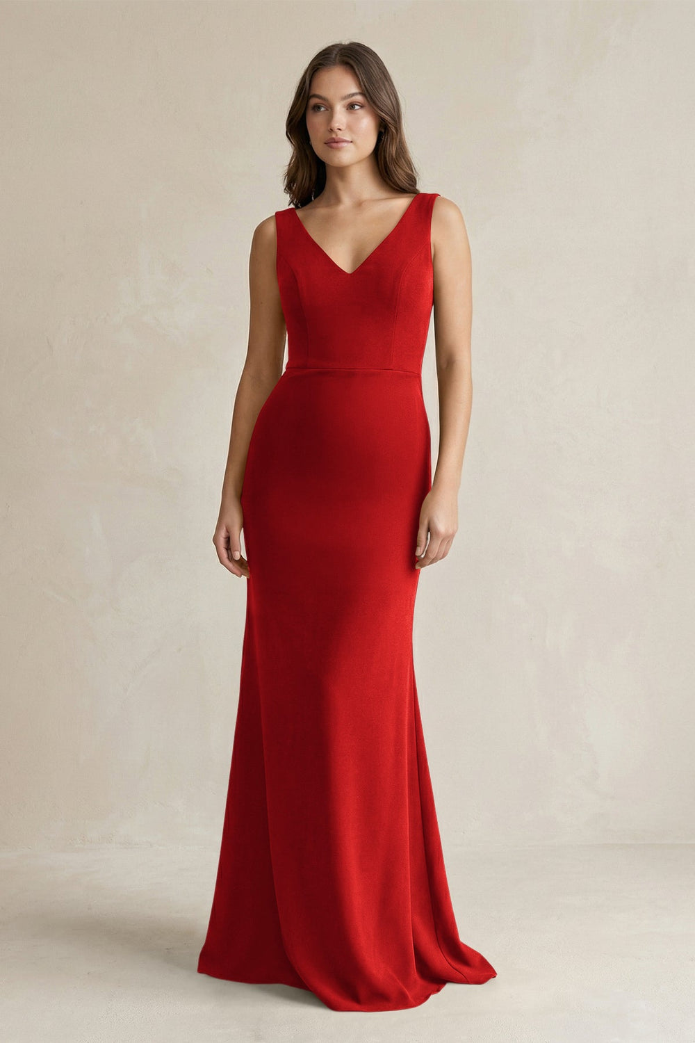 V-Neck Sheath Satin Maxi Bridesmaid Dress in Spice
