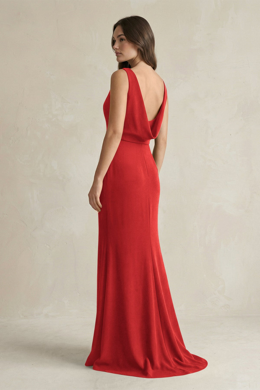 V-Neck Sheath Satin Maxi Bridesmaid Dress in Spice