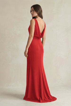 V - Neck Sheath Satin Maxi Bridesmaid Dress in Spice - KISS BRIDAL Bridesmaid Dresses