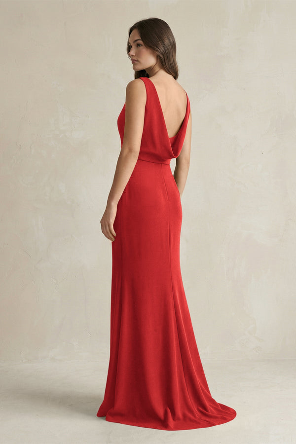 V - Neck Sheath Satin Maxi Bridesmaid Dress in Spice - KISS BRIDAL Bridesmaid Dresses