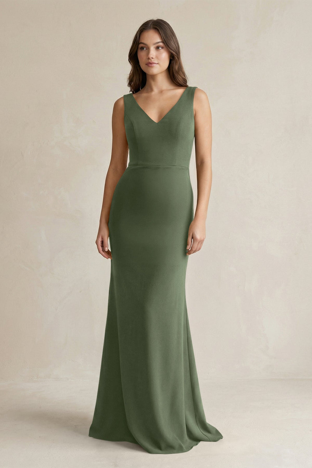 V-Neck Sheath Satin Maxi Bridesmaid Dress in Thyme