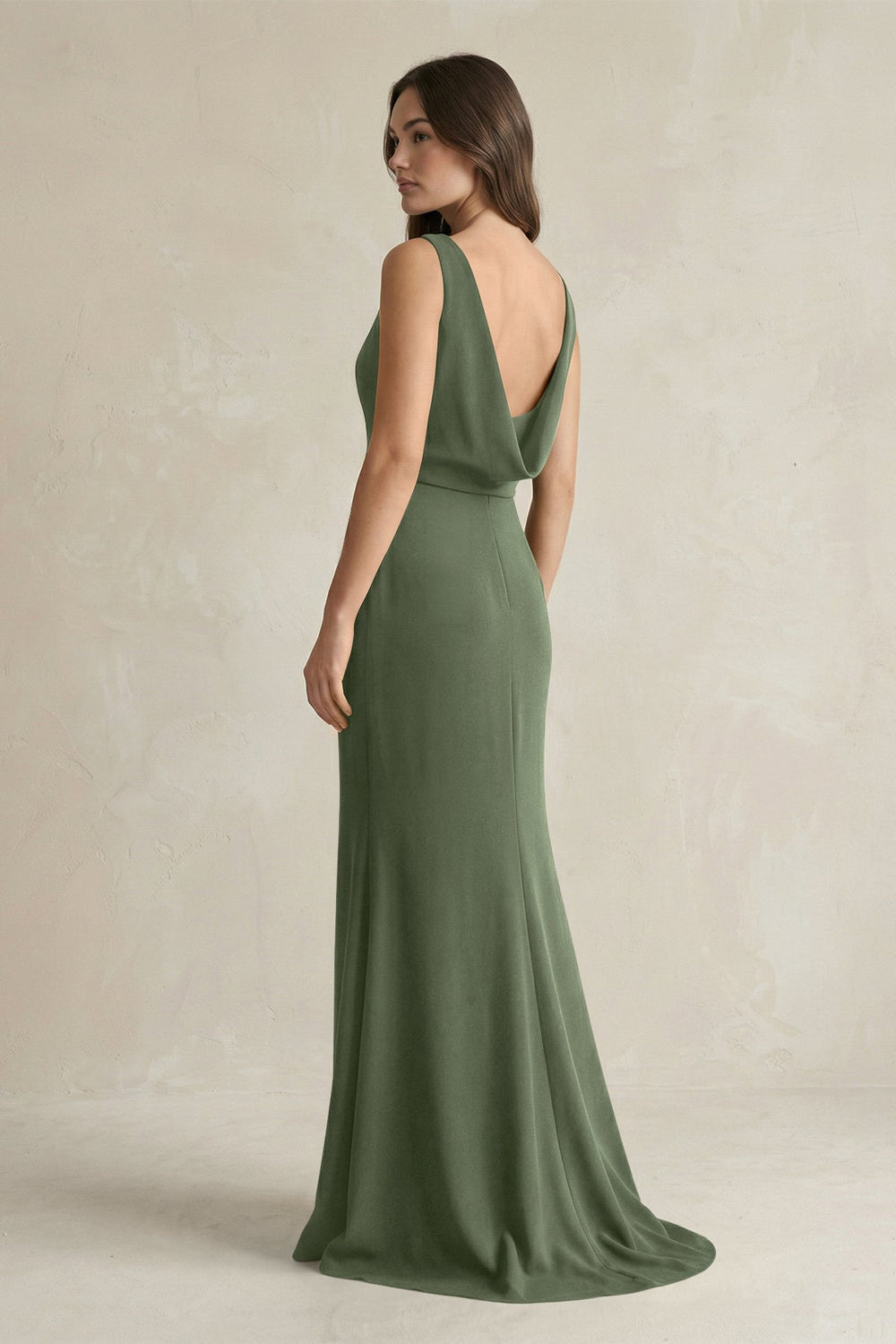 V-Neck Sheath Satin Maxi Bridesmaid Dress in Thyme