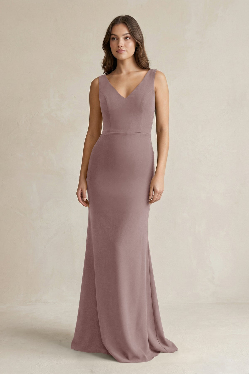 V-Neck Sheath Satin Maxi Bridesmaid Dress in Toffee