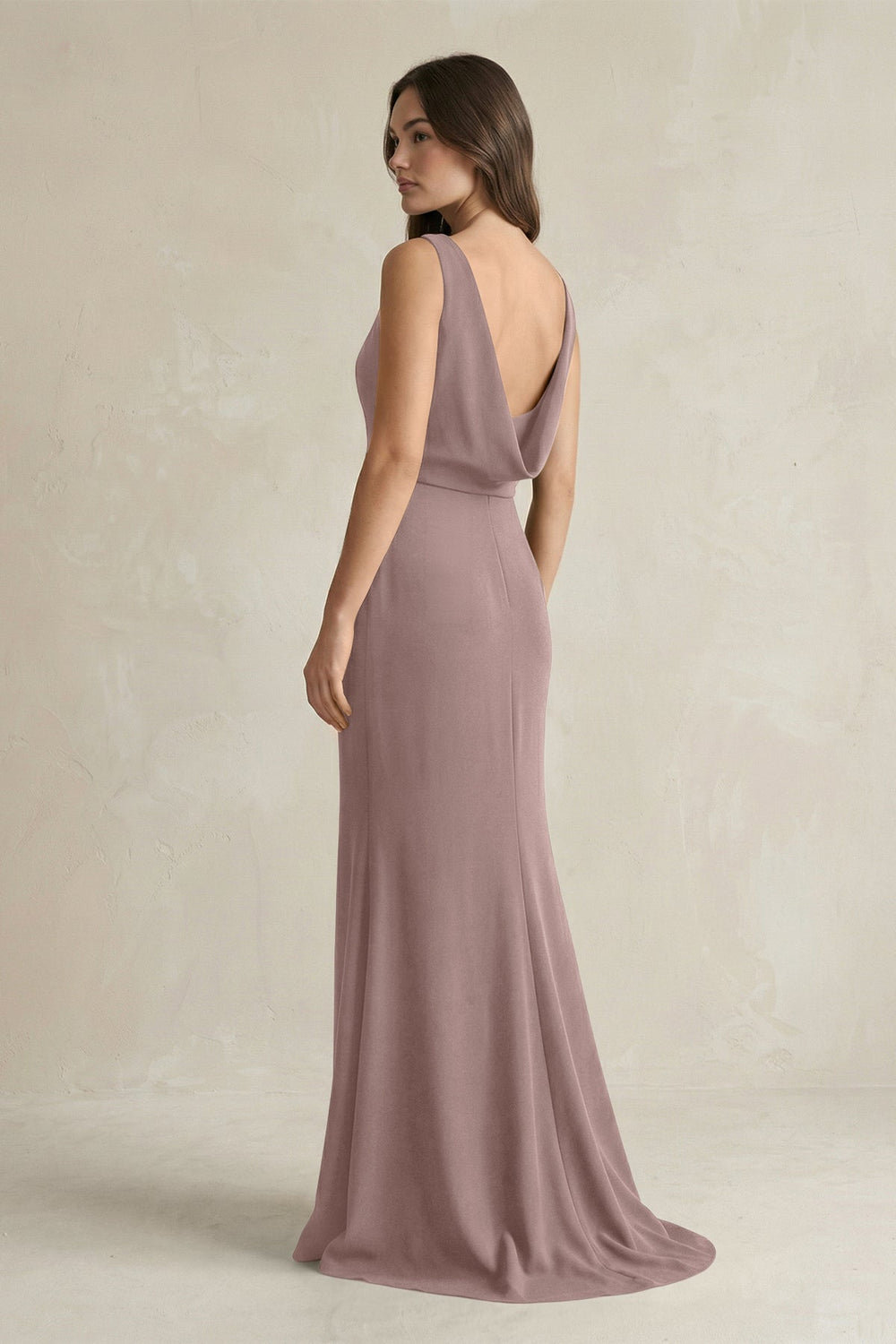 V-Neck Sheath Satin Maxi Bridesmaid Dress in Toffee
