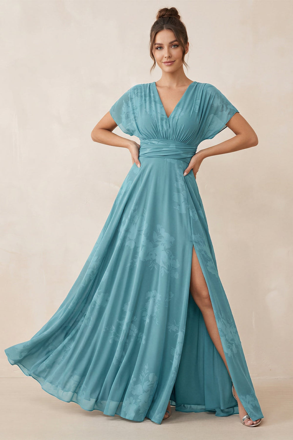 V-Neck Short Sleeves A-Line Floral Chiffon Bridesmaid Dress in Adriatic Blue