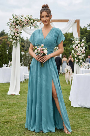 V - Neck Short Sleeve A - Line Floral Chiffon Bridesmaid Dress in Adriatic Blue - KISS BRIDAL Bridesmaid Dresses