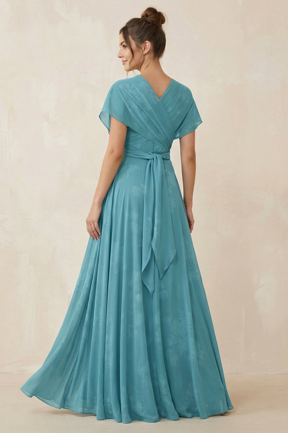 V-Neck Short Sleeves A-Line Floral Chiffon Bridesmaid Dress in Adriatic Blue