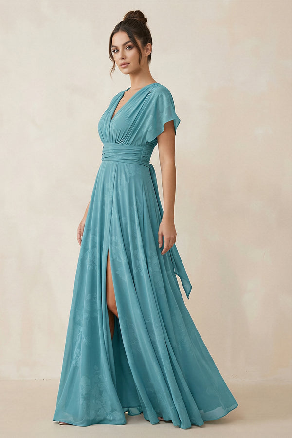 V - Neck Short Sleeve A - Line Floral Chiffon Bridesmaid Dress in Adriatic Blue - KISS BRIDAL Bridesmaid Dresses
