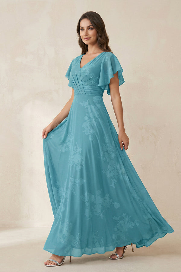 V - Neck Short Sleeve Floral Chiffon A - Line Bridesmaid Dress in Adriatic Blue - KISS BRIDAL Bridesmaid Dresses