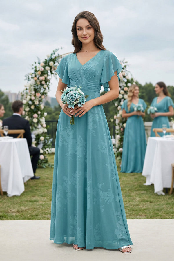 V - Neck Short Sleeve Floral Chiffon A - Line Bridesmaid Dress in Adriatic Blue - KISS BRIDAL Bridesmaid Dresses