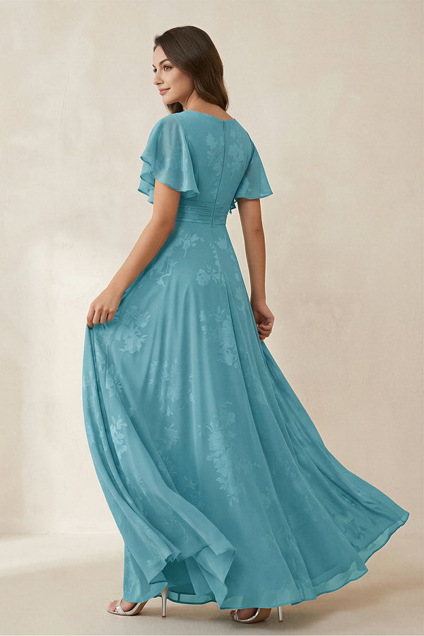 V - Neck Short Sleeve Floral Chiffon A - Line Bridesmaid Dress in Adriatic Blue - KISS BRIDAL Bridesmaid Dresses