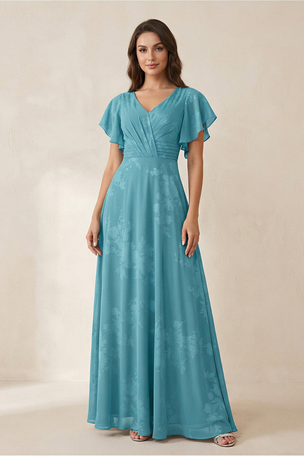 V-Neck Short Sleeve Floral Chiffon A-Line Bridesmaid Dress in Adriatic Blue
