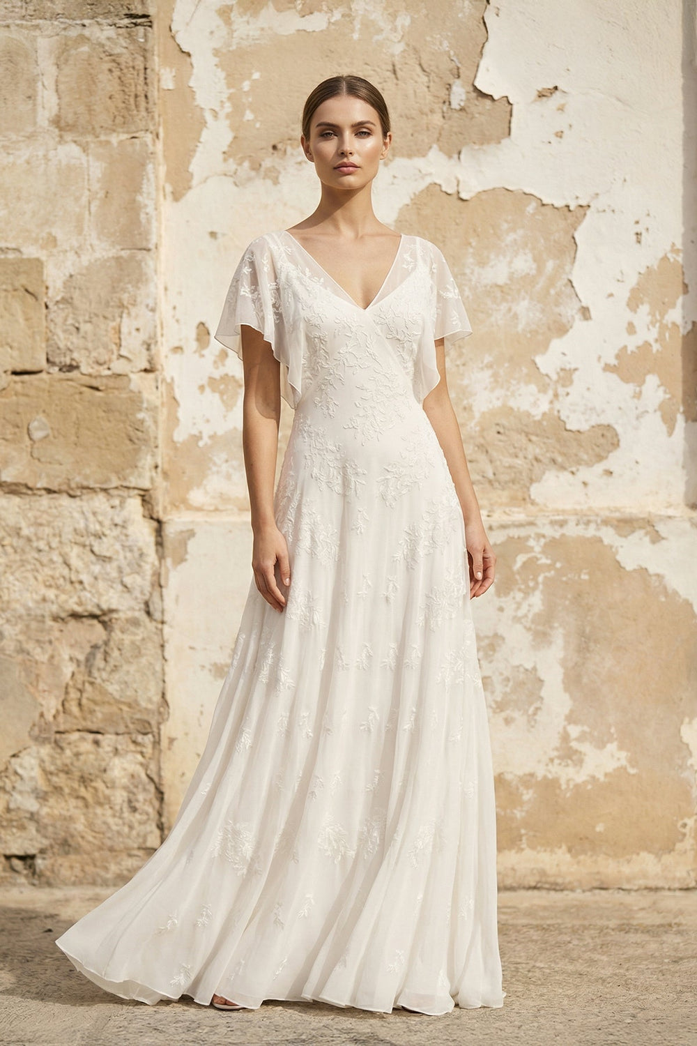 V-Neck Short Sleeves A Line Chiffon Wedding Dress